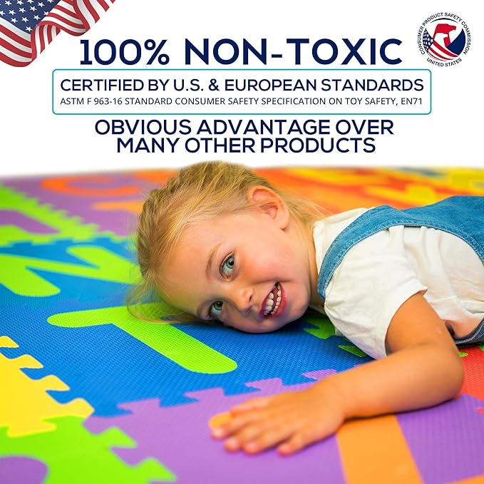 Non Toxic Alphabet Play Mat for Kids Toddlers - Thickest Interlocking Foam Puzzles ABC & Numbers 0 to 9 Flooring Mat for Play & Exercise 36 Tiles 12x12in (10mm) - Floor Coverage 36 Sq F
