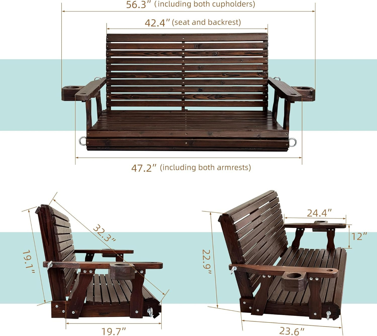 Wooden Porch Swing 2-Seater, High Backrest and Deep Seat, Bench Swing with Cupholders, Hanging Chains and 7mm Springs, Heavy Duty 880 LBS, for Outdoor Patio Garden (Deep Brown, 4 FT Extra Large)