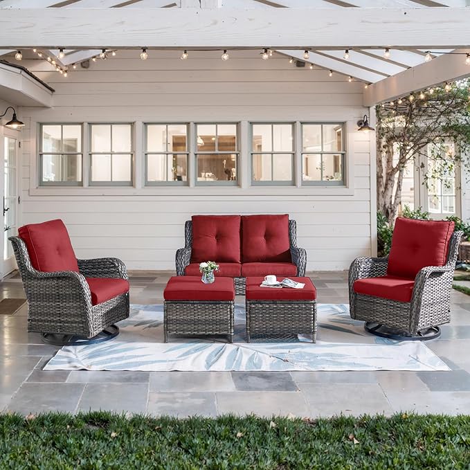 5 Piece Outdoor Patio Furniture Set - Wicker Furniture Patio Conversation Set, Outdoor Swivel Rocker Chairs with Loveseat Sofa and 2 Ottomans for Small Space, Red Cushion