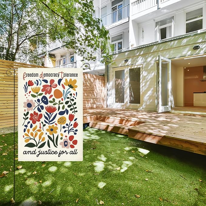 Social Justice Encourage Garden Flag Freedom Democracy Tolerance And Justice for All Decorations Small Double Sided Burlap art Stained Glass Style Garden Flags 12 x 18 Inch for Outside