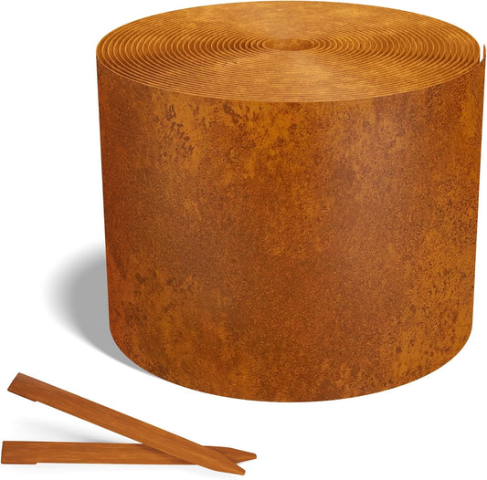 Worth Galvanized Steel Landscape Edging 8" x50' Metal Garden Edging Roll Flexible Bender Border with 16Pcs Stakes for Lawn, Flower Bed Edges, Rust-Like Color