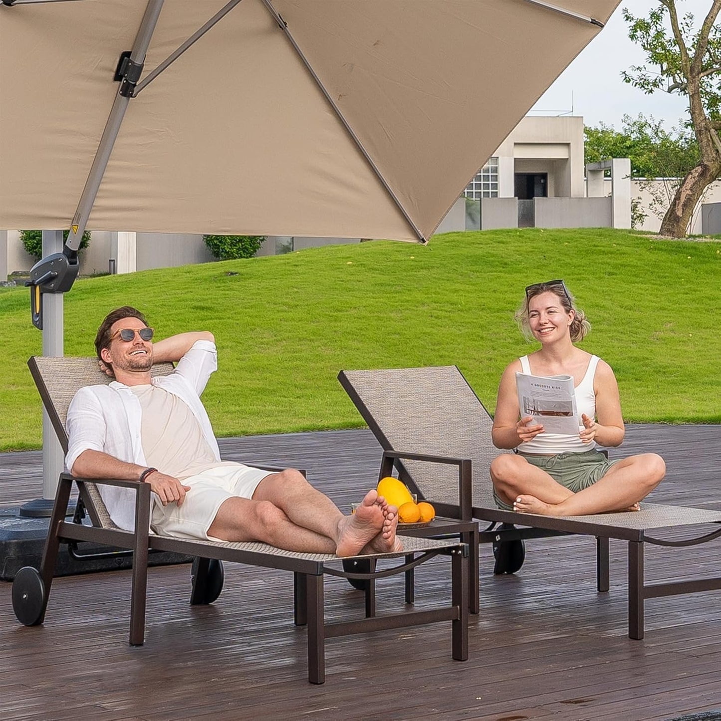 PURPLE LEAF Pool Lounge Chairs Set of 3 Aluminum Outdoor Lounge Chairs with Wheels and Armrests Adjustable Patio for Deck Outside Lawn Garden, Beige