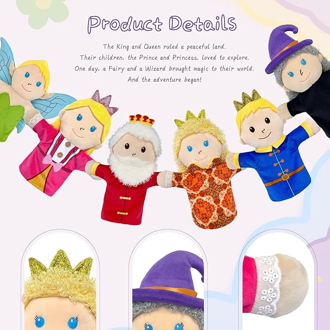 6 PCS Puppet Set 12 Inch, Fairy Tale Members Elf Plush Puppets Toddlers 1-3 Princess Hand Puppet for Kids Ages 4-8,Soft Puppets for Storytelling Teaching Preschool Role Play Puppet Toy for Boy Girls