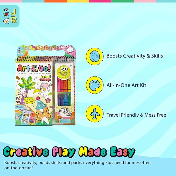 Bright Stripes Art on The Go Travel Kit for Kids Ages 3+| Collage Fun Jungle Theme| Mess-Free Activity Set with Crayons, Stickers & Coloring Book| Creative On-The-Go Fun for Toddlers & Preschoolers