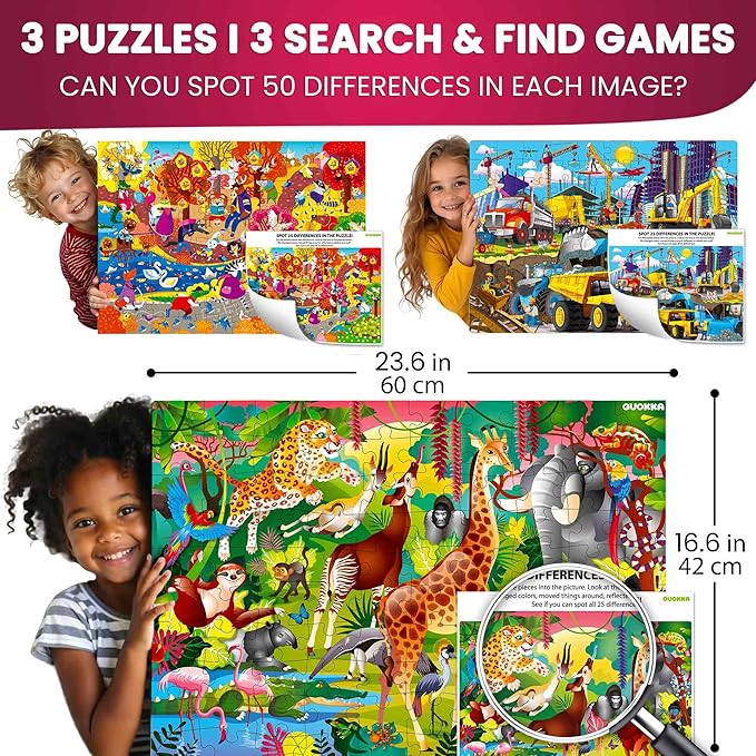 QUOKKA 100 Piece Puzzles for Kids Ages 8-10 - 3 X Set Puzzles for Kids Ages 4-6 - Toy for Learning Animals and Cars for 5-8 Year Old – Toddler Game Gift for Boy and Girl