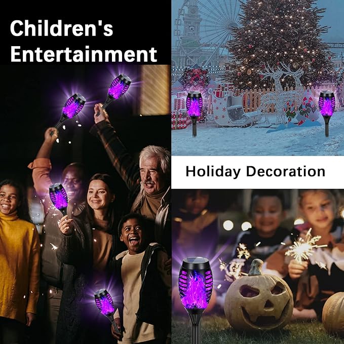 4 Pack Solar Torch Lights Outdoor Waterproof - Purple Flickering Flame, Outdoor Solar Garden Lights for Yard, Tiki Torches for Outside Patio Pathway Decorations