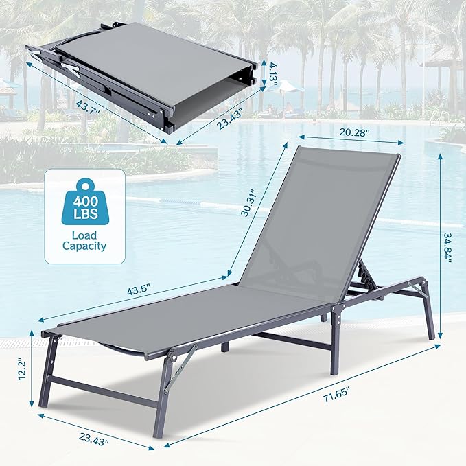 Outdoor Chaise Lounge Chair, Foldable & Assemble-Free, 6 Adjustable Positions, Durable Rust-Resistant Frame, Portable Outdoor Pool Lounge Chairs for Pool Patio Beach, Grey