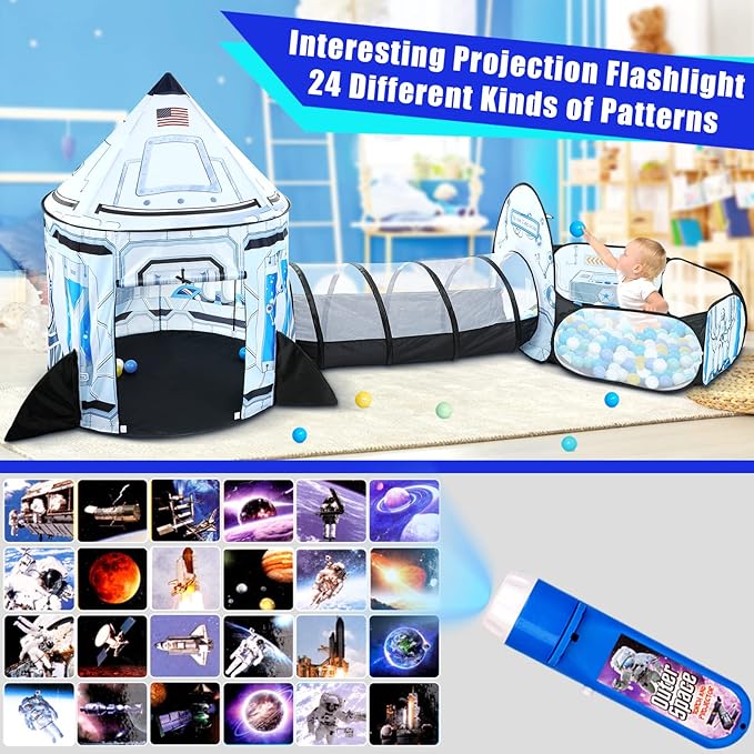Kids Ball Pit for Play Tent: 3PC Rocket Ship Baby Gifts with Projection Flashlight, Spaceship Tents and Crawl Tunnel for Toddlers, Astronaut Pop Up Playhouse Toys for Indoor Outdoor Games (White)