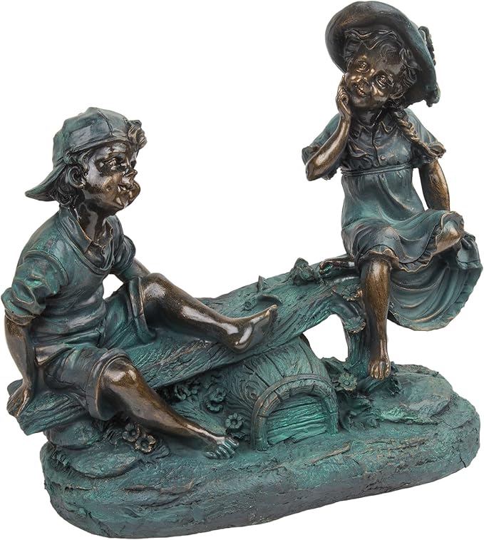 Alpine Corporation 14" Tall Indoor/Outdoor Girl and Boy Playing on Teeter Totter Statue Yard Art Decoration
