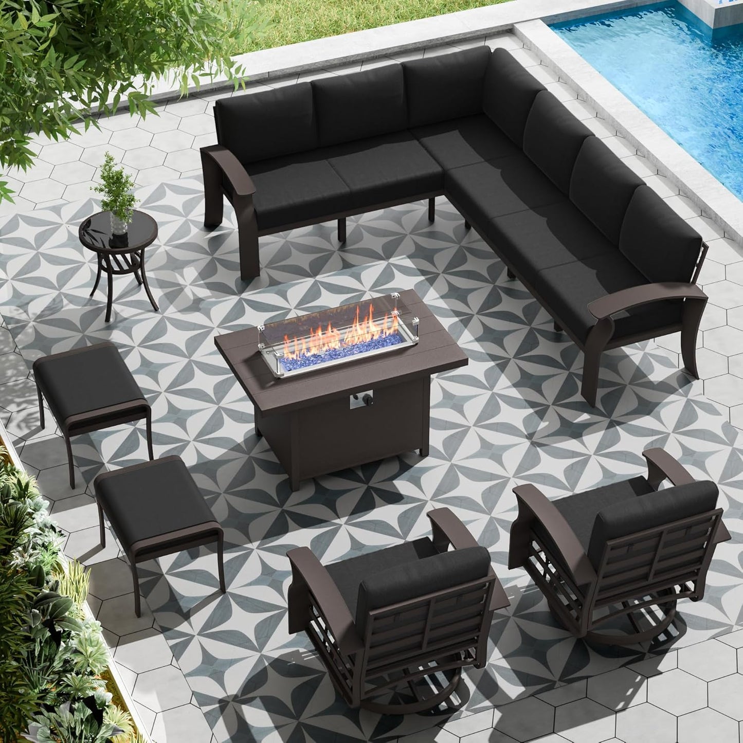 Aluminum Patio Furniture Set with Fire Pit Table, 10 Seats Outdoor Patio Conversation Set with Swivel Chair Modern Metal Patio Sectional Sofa with Coffee Table for Patio, Backyard(Dark Grey).