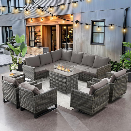 HUMMUH 8 Piece Patio Furniture with Fire Pit,PE Wicker Outdoor Conversation Sets-6-Seater Sofa,Patio Swivel Chairs Outdoor Chairs, Propane Fire Pit,Side Table for Porch,Garden,Backyard
