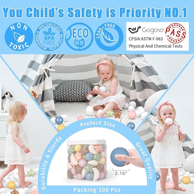 GOGOSO Ball Pit Balls Stars Moon Shapes Plastic Pitballs for Toddler Play Tent Baby Photo Props Kids Pool Water Toys Kiddie Pool Party Decor,Pink Blue Coffee,100pcs