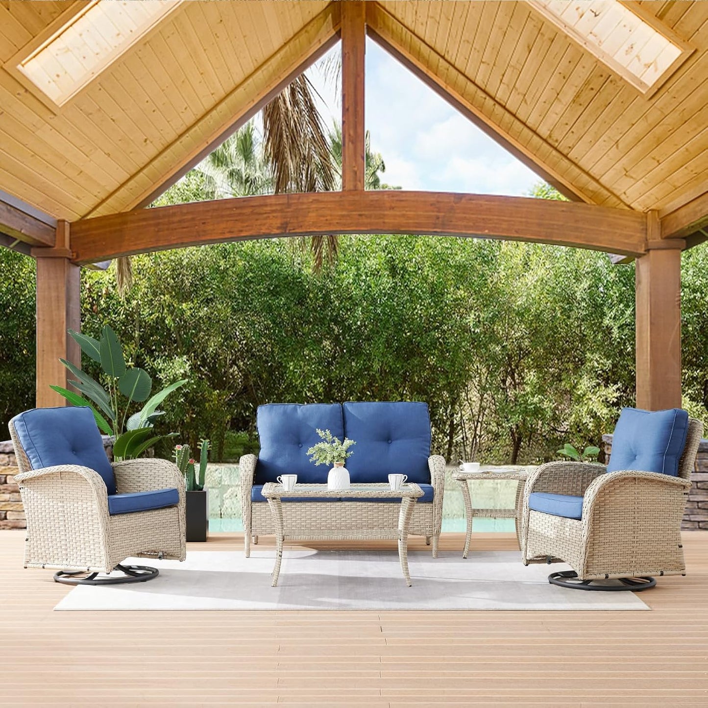 HUMMUH 5-Piece Patio Furniture Wicker Outdoor Conversation Set,All-Weather Rattan Swivel Chairs Bistro Set with Loveseat Coffee Table for Backyard,Poolside,Deck(Grey/Blue)