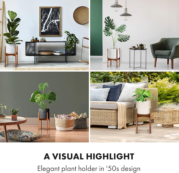 Fox & Fern Set of 3 Mid Century Plant Stand Indoor — Modern Raised Flower Pot Holder for 8, 10 & 11.8 Inch Planters (Not Included); Plug In Design; Two Height Options; Easy to Assemble - Acacia