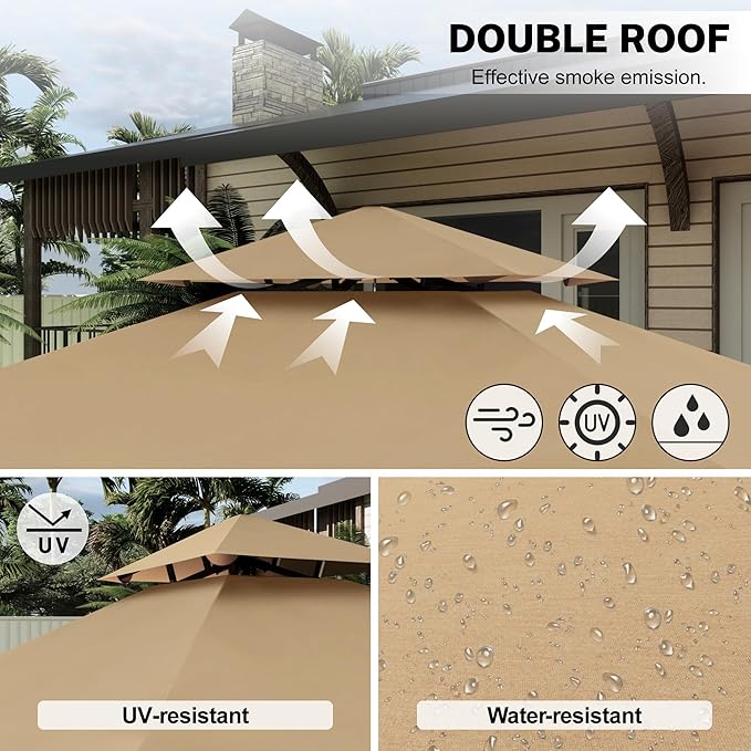 MASTERCANOPY 11 x 5 Grill Gazebo with Extra Side Awning Outdoor BBQ Gazebo with 2 LED Lights for Patio Party Backyard Picnic(Khaki)