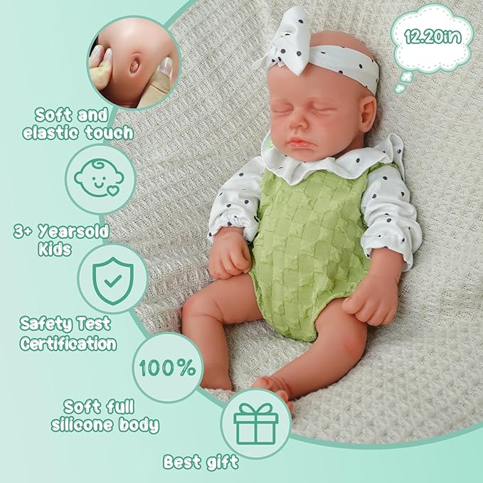 Girl 12.2 Inch, Full Silicone Baby Doll, Realistic Baby Dolls, Realistic Veins & Sleeping Pose, Not Vinyl, Reborn Baby Dolls Silicone Full Body, Gift Set