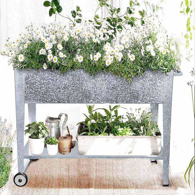 Raised Planter Box with Legs Outdoor Standing Elevated Garden Bed On Wheels for Vegetables Herb Patio Apartment, Galvanized