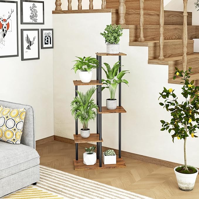 Plant Stand Indoor 5 Tier 6 Potted Metal Wood Plant Shelf, Multiple Flower Pots Corner Tall Plant Holder Stands for Living Room Balcony Bedroom, Rustic Brown