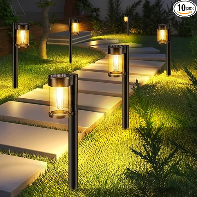 Solar Pathway Lights Outdoor, 10 Pack Metal & Glass Solar Lights Outdoor Waterproof Landscape Path Lights Solar Lights for Outside Yard Lawn Walkway Driveway Garden Decor