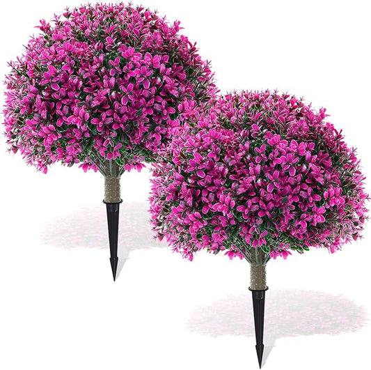 Yunlly 2 Pack 18" Artificial Boxwood Ball Bush Topiary Trees Fake Outdoor Plants, Realistic UV Resistance Faux Shrubs with Spike Greenery Topiary for Front Porch Garden Yard Patio Indoor (Fuchsia)