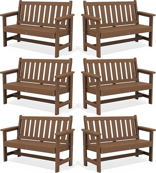 SERWALL Outdoor Bench, HDPE Outdoor Benches Weatherproof, 2-Person Garden Bench with 660 lbs Weight Capacity, Patio Benches for Outdoors, Garden, Porch, Backyard and Park, Brown, 6 Pack
