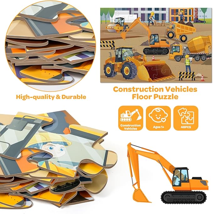Jumbo Floor Puzzle for Kids Ages 4-6, 48 Piece Large Engineering Vehicles Jigsaw Puzzle, Extra-Thick Cardboard Preschool Learning Toys for Toddlers 3-5, Educational Gift for Boys Girls 3 4 5 6 7 8