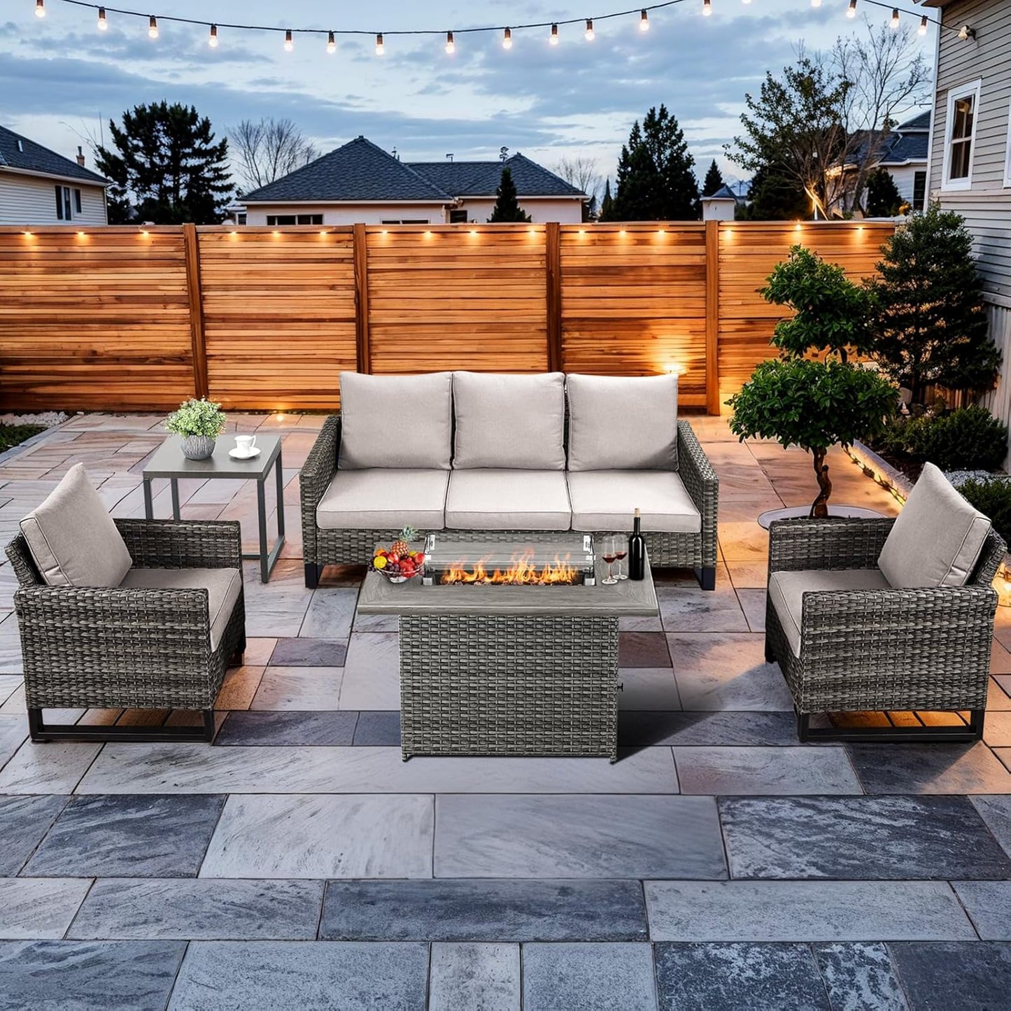 HUMMUH 5 Piece Outdoor Furniture Set with Fire Pit Table 41in 55,000 BTU,Wicker Outdoor Conversation Sets -Patio Chairs Set of 2 Patio Sofa for Porch,Garden,Backyard