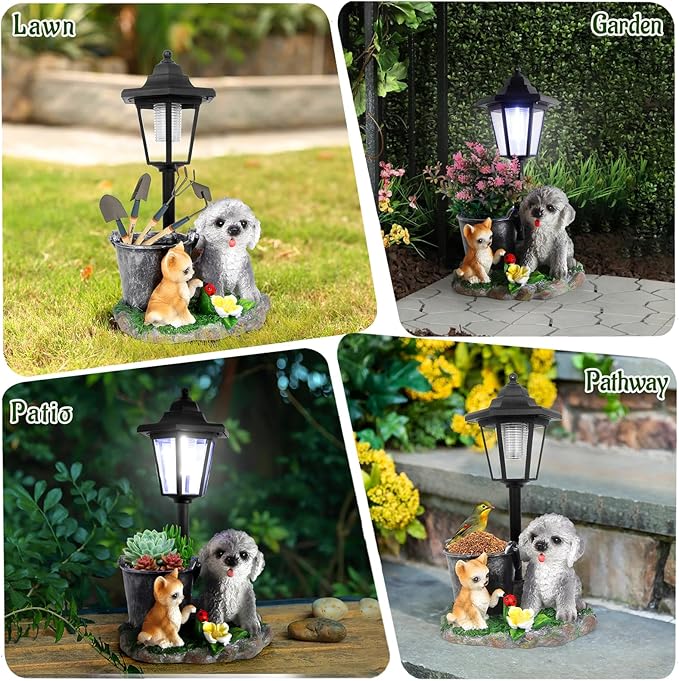 Garden Dog Statue,Resin Teddy & Cat Figurine with Solar LED Light,Flower Pots Planters Pots for Succulent,Outdoor Sculpture for Patio Balcony Yard Lawn Decor,Unique Gift for Dad Mom Grandma