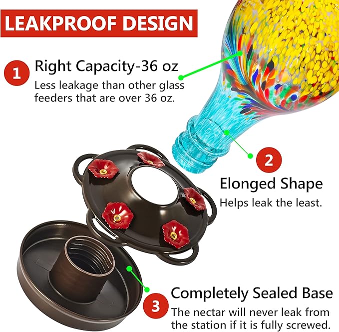 LUJII Hand Blown Glass Hummingbird Feeder for Outdoors with Ant Moat, Leak Proof & Rustproof,36 fl.oz, Metal Base Cover with 5 Feeding Ports & 5 Perches, Glass Art for Garden Decor (Blue Mixed Yellow)