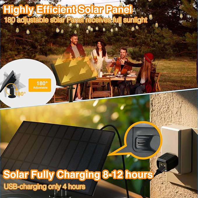 DAYBETTER 100ft Series de Luces solares 50 Bulbs 2700K Warm White Solar String Lights Outdoor Waterproof 5W Solar Panel, 12+ Hours Runtime Luces solares automáticas