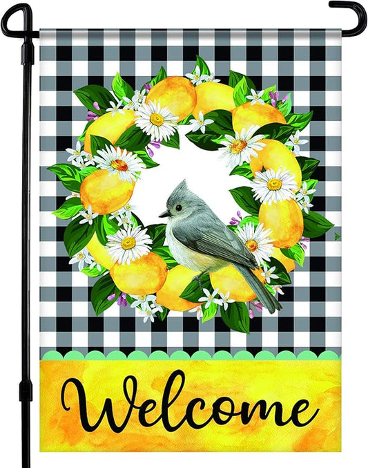 Welcome Garden Flag - 12.5 x 18 Inch Double-Sided Spring Garden Flag - Printed Wreath in Plaid Background Seasonal Outdoor Banner for House Front Yard, Porch, Patio - Suits Standard Poles