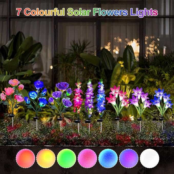 Solar Flowers Lights, 6 Pack Lily Rose Delphinium, Waterproof Gardening Gifts for Mom Grandma Women, Multi-Color Changing Outdoor Lights for Garden Yard Patio Lawn