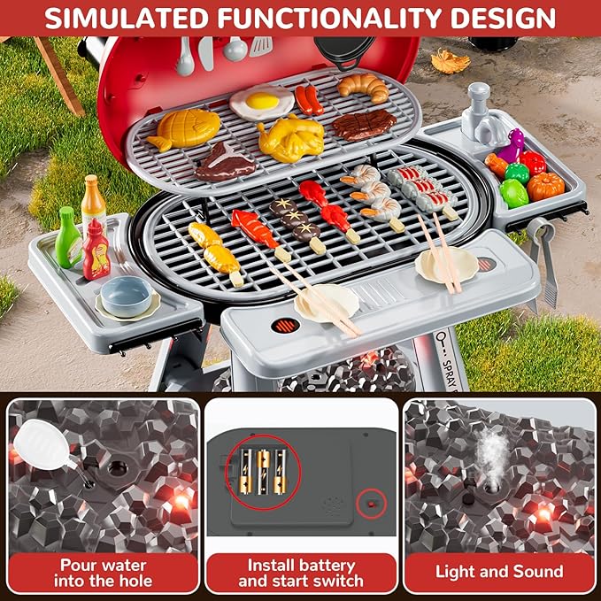 Kids BBQ Grill Playset - 69PCS Kitchen Playset with Smoke, Light, Sound - 2-Layer Toy Grill Barbecue Cooking Set - Pretend Play Food Hamburger, Interactive Toy for Kids 4-8 Boys Girls