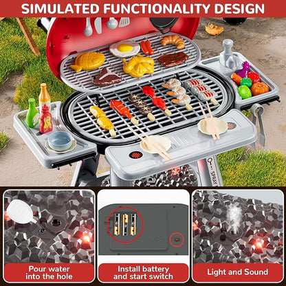 Kids BBQ Grill Playset - 69PCS Kitchen Playset with Smoke, Light, Sound - 2-Layer Toy Grill Barbecue Cooking Set - Pretend Play Food Hamburger, Interactive Toy for Kids 4-8 Boys Girls