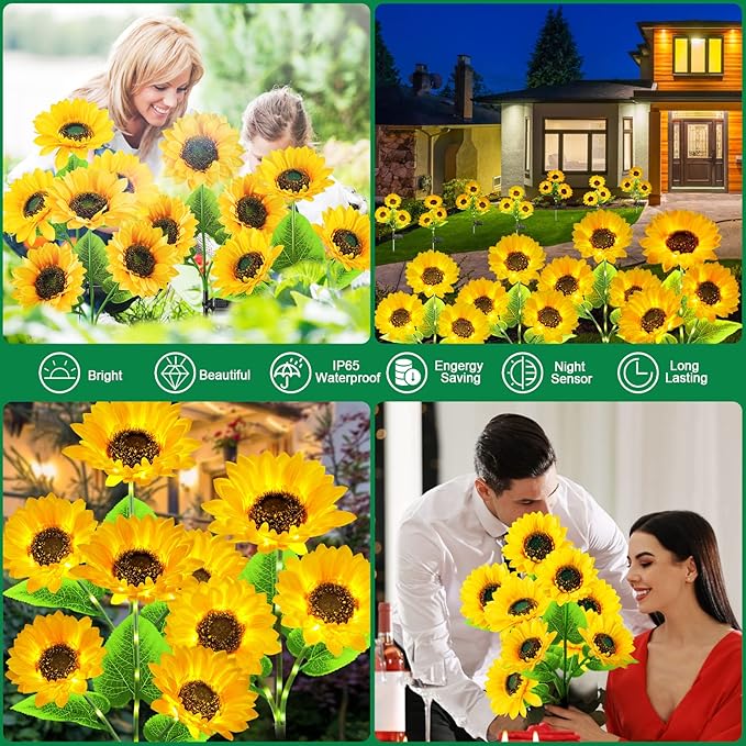 Solar Garden Lights for Outside, 2024 Upgraded Solar Outdoor Lights with 18 Beautiful & Realistic Sunflower Lights, Bright Waterproof Yard Lights for Patio Outdoor Garden Decor