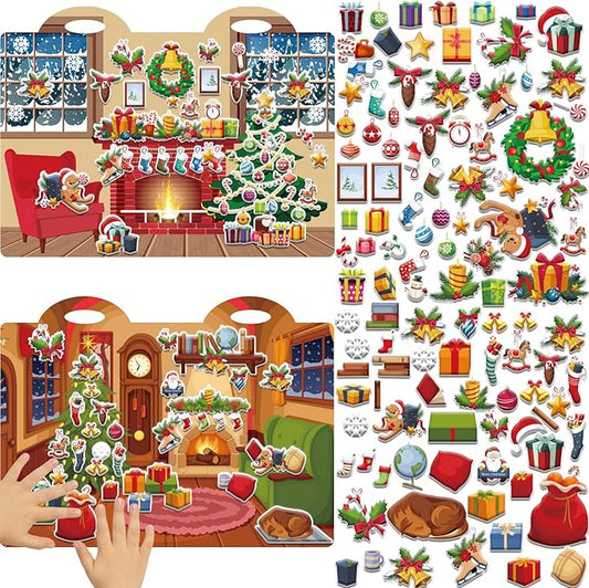 Christmas 3D Puffy Sticker Play Set Xmas Activity Book for Kids Toddlers 2-4 Toys Sticker Merry Christmas Holiday Party Supplies 100 Reusable Puffy Window Decals 2 Fold-Out Fireplace Scenes