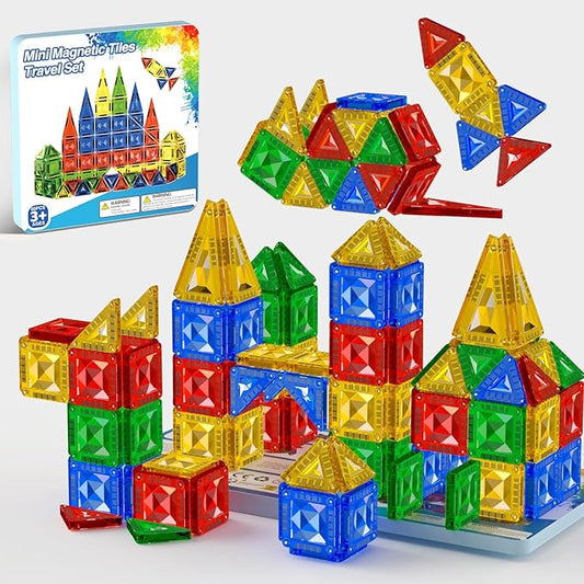 60pcs Mini Magnetic Tiles for Kids Ages 3-8,Travel Magnetic Building Blocks with Metal Storage Box, STEM Educational Toys, Montessori Sensory Learning Toys for Toddlers, Boys & Girls Gift