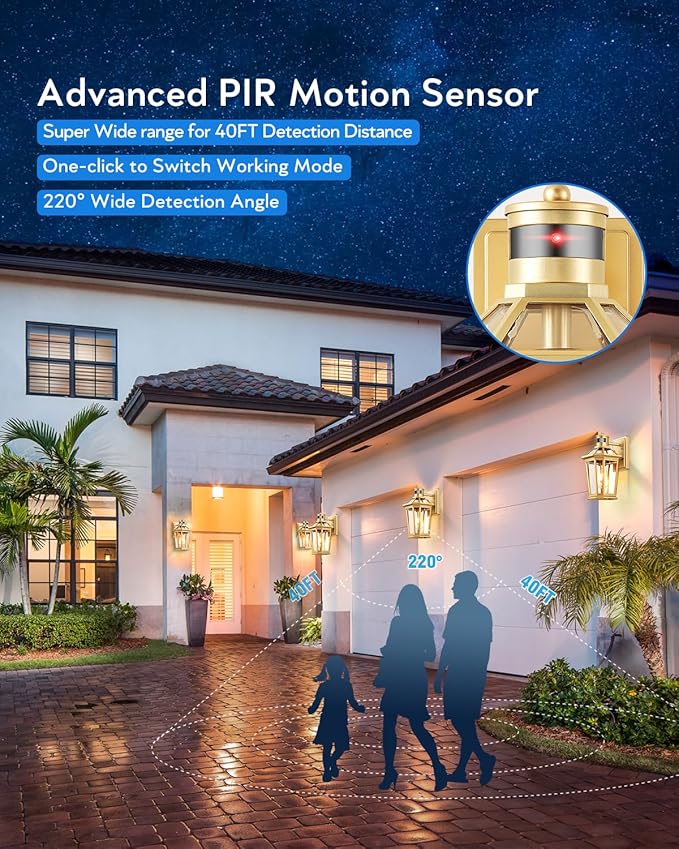 VIANIS Gold Outdoor Wall Lights with Motion Sensor, Dusk to Dawn Outside Porch Lights Lantern, Waterproof Weather Resistant Exterior Lights for House, Doorway, Garden, Home with Clear Glass Shade