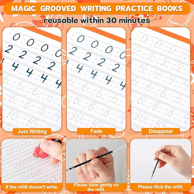 gisgfim 8 Pack Magic Grooved Writing Practice Books for Kids Reusable Magical Handwriting Workbooks with Disappearing Ink Pens Letter,Numbers,Math Tracing Copybook for Kindergarten Preschool Age 3-8