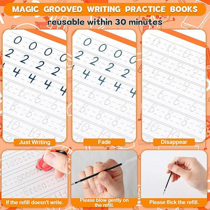 gisgfim 8 Pack Magic Grooved Writing Practice Books for Kids Reusable Magical Handwriting Workbooks with Disappearing Ink Pens Letter,Numbers,Math Tracing Copybook for Kindergarten Preschool Age 3-8