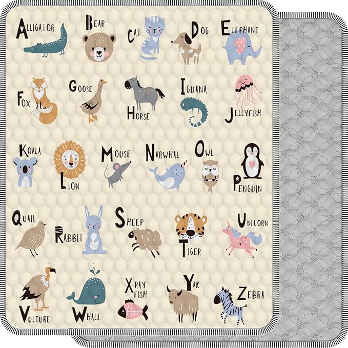 Baby Play Mat for Floor 59x71, Extra Large Soft Portable, Non-Slip Crawling Mat Machine Washable Foldable Playmate for Babies,Toddlers Indoor/Outdoor Use, Alphabet & Animal Design