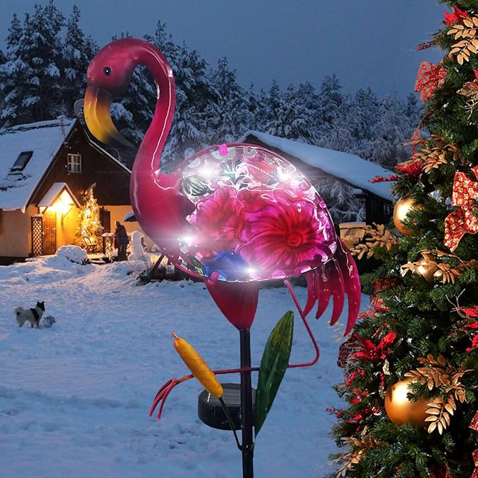 Solar Garden Lights, Glass & Metal Flamingo Solar Garden Decor Solar Pathway Lights Solar Garden Stakes Decorative Yard Art Yard Decor Waterproof for Patio Lawn Courtyard