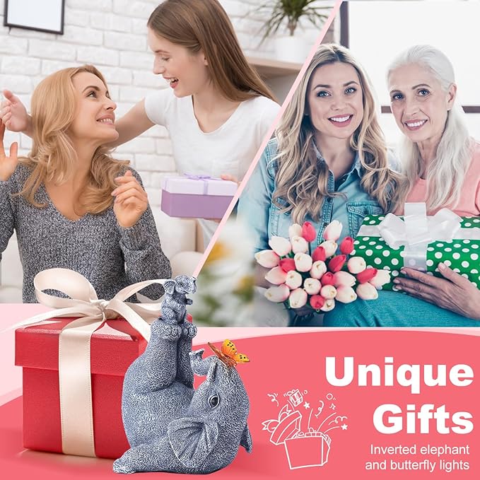 Mommy & Baby Elephant Garden Statue with Solar Butterfly Lights - Perfect Elephant Decor & Ornament for Women, Housewarming Gifts and as Garden Decorations