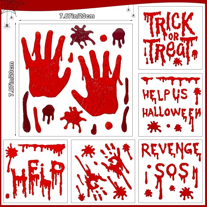 6 Sheets Halloween Window Clings Gel, Reusable Blood Window Clings Gel, Scary Decorations, Help Us, Revenge SOS, Trick or Treat, Bloody Halloween Decorations