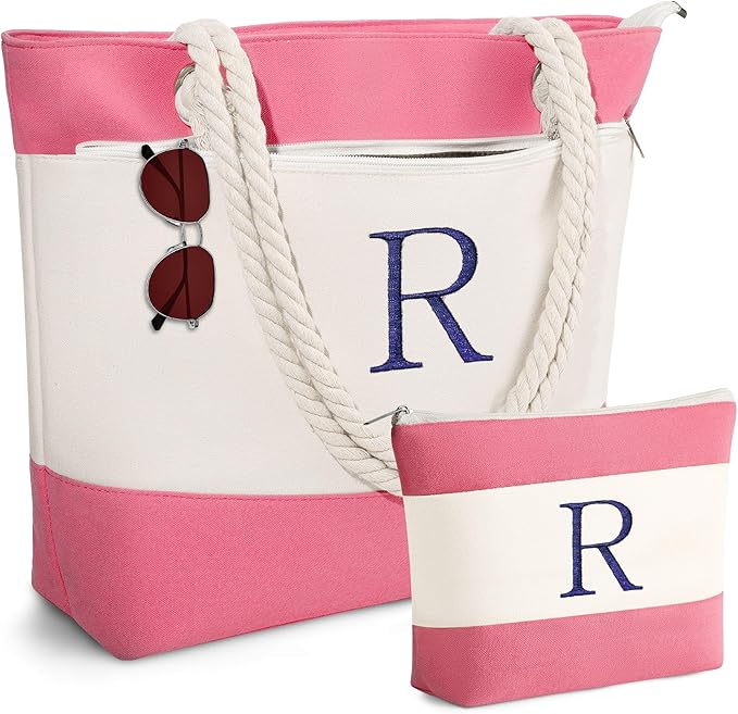 YOOLIFE Beach Bags for Women - Initial Tote Waterproof Bag with Makeup Bag, Mothers Day Gifts for Women Mom Friend Birthday