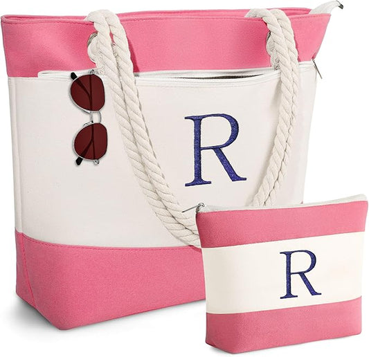 YOOLIFE Beach Bags for Women - Initial Tote Waterproof Bag with Makeup Bag, Mothers Day Gifts for Women Mom Friend Birthday