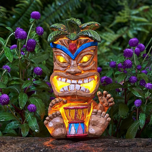 Outdoor Tiki Statue Decoration-Solar Power Light Tiki Garden Statues-Tiki Bar Decor Totem Pole Waterproof Figurines for Garden,Patio,Balcony,Yard,Lawn Ornament,10.43 Inch Tall