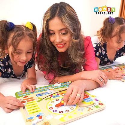 Montessori Wooden Toys Kids Clock - Wooden Toy for 3 Year Olds - Unique Learning Toy for Toddlers Learn About Seasons, Months, Days of Week, Time Telling - Educational and Fun