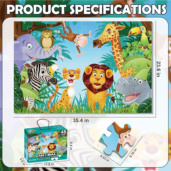 Jumbo Floor Puzzle for Kids Ages 3-5,48-Piece Preschool Learning Development Toys Large Floor Puzzle for Toddlers&Kids Ages 4-8 Years Old, Best Gift for Boys and Girls (3 x 2 Feet) (Animal)