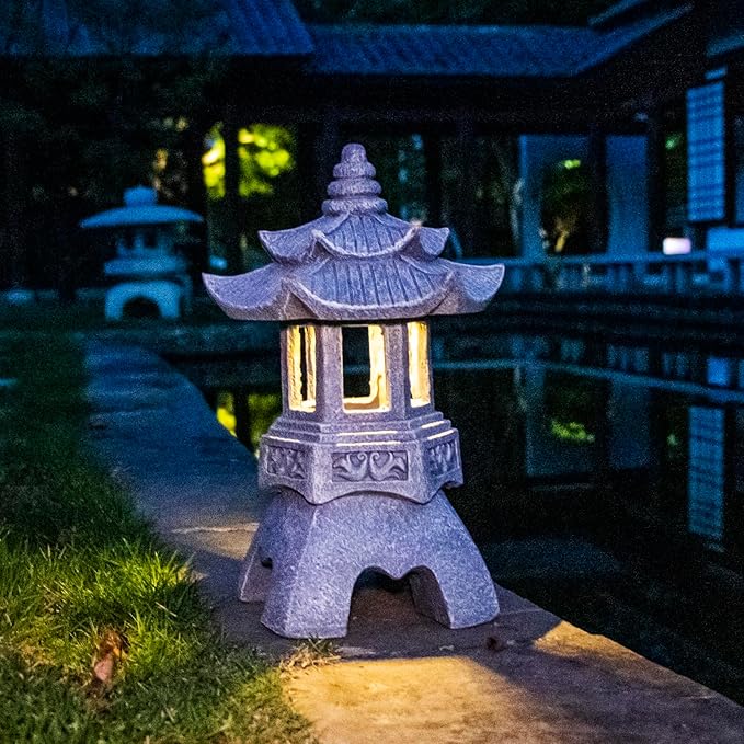 DIBIEECN 2 Pack Japanese Pagoda Garden Statues, Solar Lights for Patio Outdoor, Zen Landscape Lighting, Asian Outdoor Decor for Patio Yard Backyard, Gifts for Women Mom Grandmon